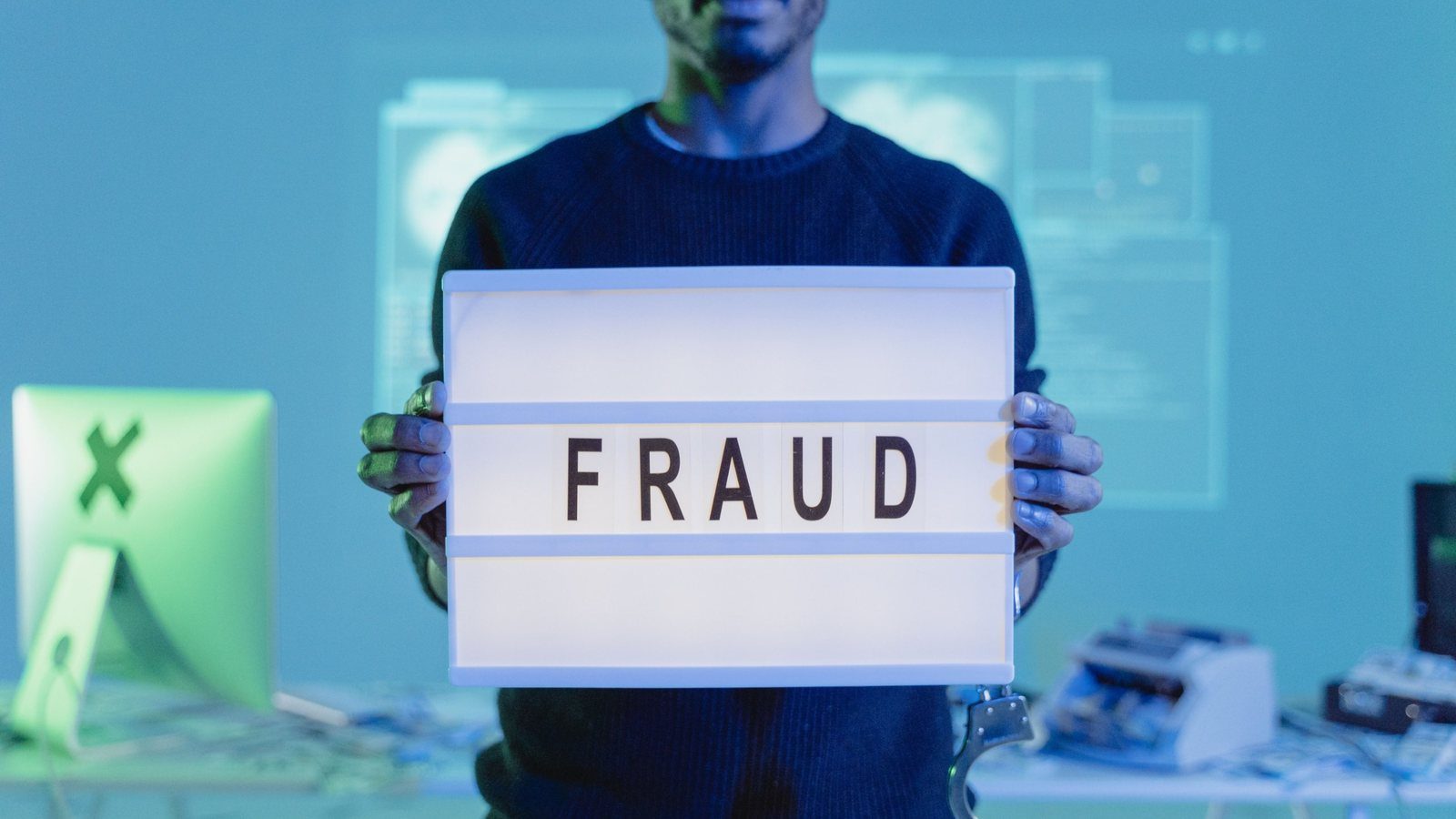 A person holding a lightbox sign reading "Fraud"