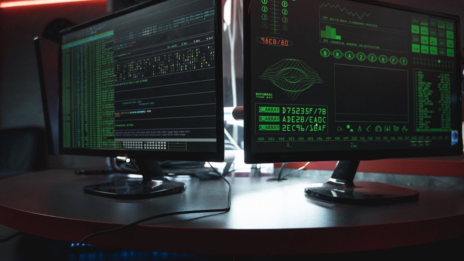Two monitors showing terminal output and system dashboards on a desk